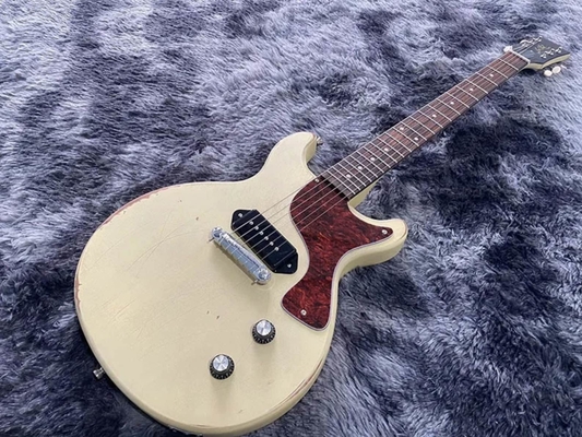 China Custom GB Electric Guitar Junior Milk White Color 1 P90 Pickup Handmade heavry Relic Mahogany Body And Neck supplier