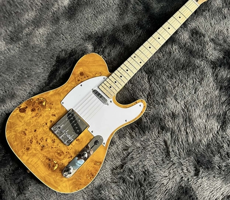 China Tele Electric Guitar, Burl Maple Top, Yellow Color, Mahogany Body, Maple Fingerboard, Single Binding supplier