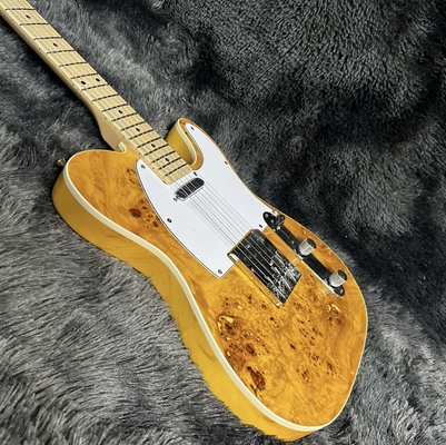 Tele Electric Guitar, Burl Maple Top, Yellow Color, Mahogany Body, Maple Fingerboard, Single Binding supplier