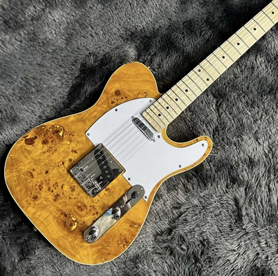 Tele Electric Guitar, Burl Maple Top, Yellow Color, Mahogany Body, Maple Fingerboard, Single Binding supplier