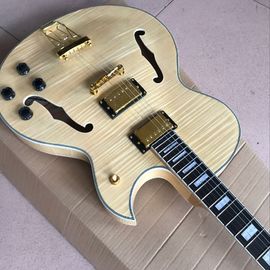 F hollow body jazz Electric Guitar,double tiger flame Natural wood color guitarra.vibrato system supplier