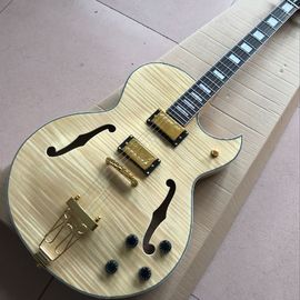 F hollow body jazz Electric Guitar,double tiger flame Natural wood color guitarra.vibrato system supplier